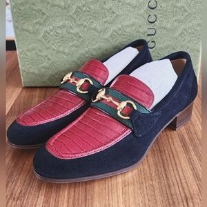 $1270 New Gucci Women Moccasin Shoes Leather Suede Red Black EU 36.5 US 6.5